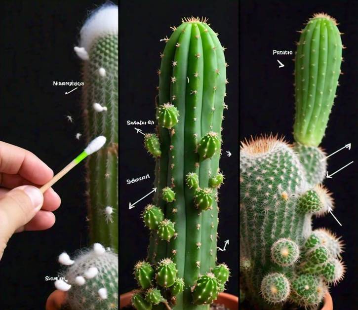 Cactus in flower pot with pest issues like mealybugs and scale insects. Using a cotton swab with neem oil to remove pests.