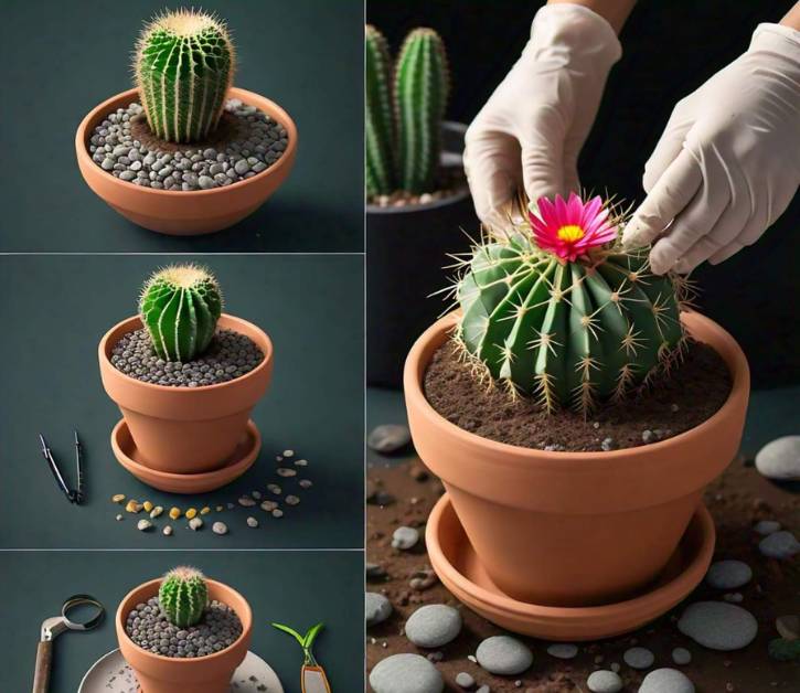 Step-by-step guide to potting a cactus with safety tips, showing tools, terracotta pot, and planting technique with cactus.