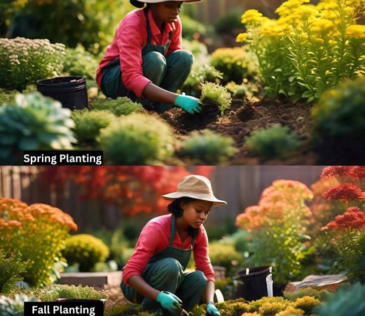 Gardener planting Dragon's Blood Sedum in spring and fall, showing the ideal seasons for establishing the plant's roots successfully.