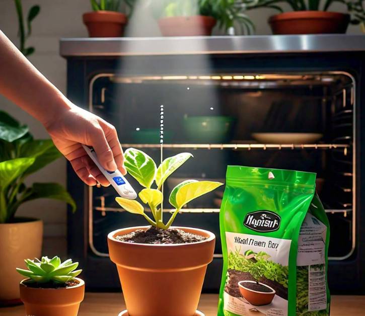 Person using a moisture meter in a potted plant with potting mix nearby, demonstrating how to prevent mushrooms in flower pots.