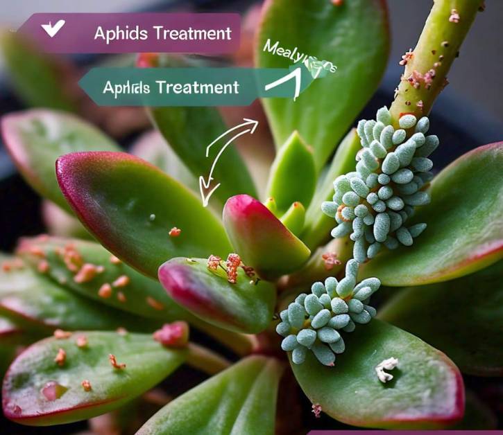 Close-up of a Dragon's Blood Sedum plant affected by aphids and mealybugs, with arrows indicating treatment solutions.