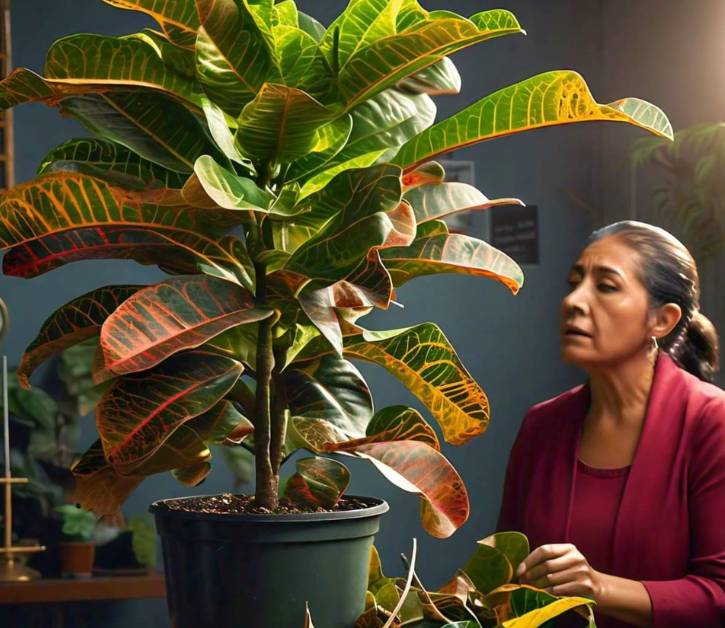 A concerned woman inspecting a Croton Mammy plant in a pot, highlighting issues like leaf drop due to environmental stress.