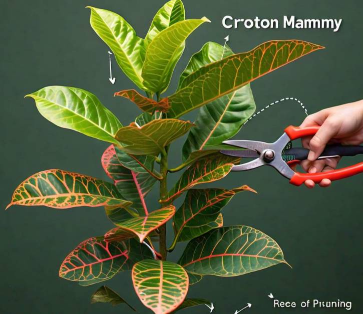 Pruning Croton Mammy plant to encourage fuller growth, showing vibrant green and red leaves, demonstrating proper maintenance techniques.