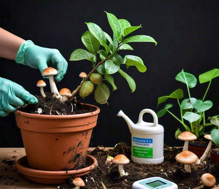 Person removing mushrooms from a flower pot with gloves, demonstrating how to remove mushrooms from flower pot effectively.