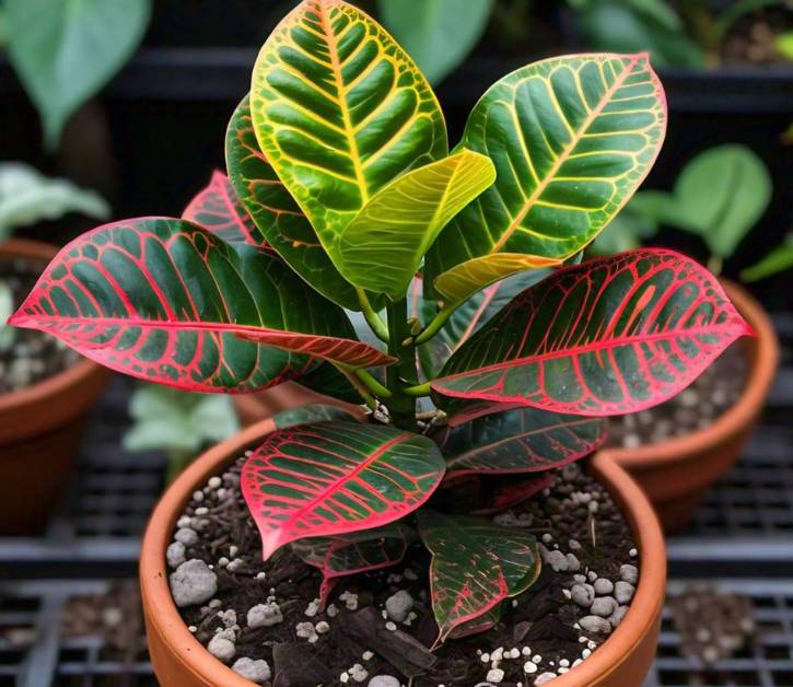 Croton Mammy plant in a terracotta pot with well-drained soil, showing vibrant green, yellow, and red leaves.