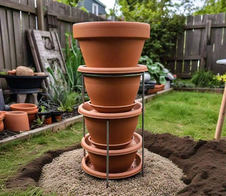 Stable stacked flower pots with support rod and drainage materials. Demonstrates proper base setup for DIY stacked flower pots.