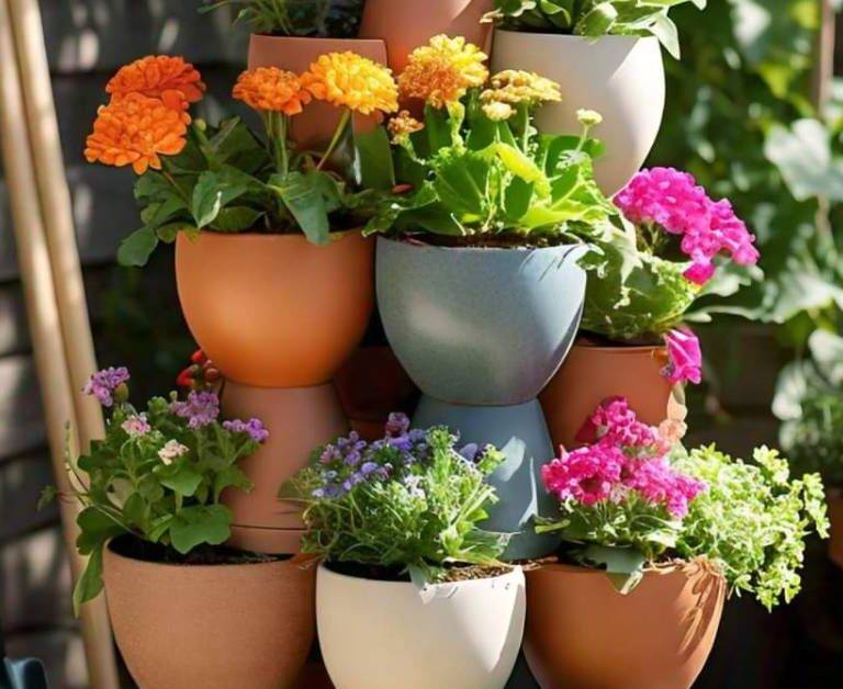 DIY stacked flower pots featuring colorful flowers arranged vertically, perfect for small space gardening and vibrant displays.