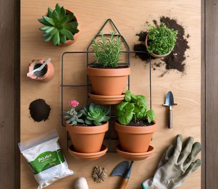 Materials for DIY stacked flower pots, including terracotta pots, potting mix, succulents, herbs, gardening gloves, and trowel.