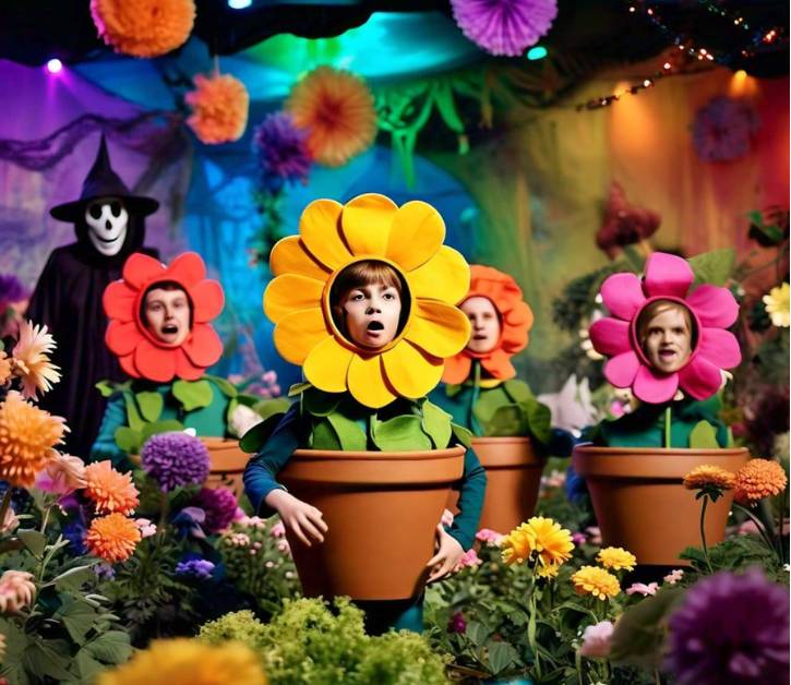 Children wearing flower pot costumes with colorful flowers at a themed event, showcasing the best uses for flower pot costumes.