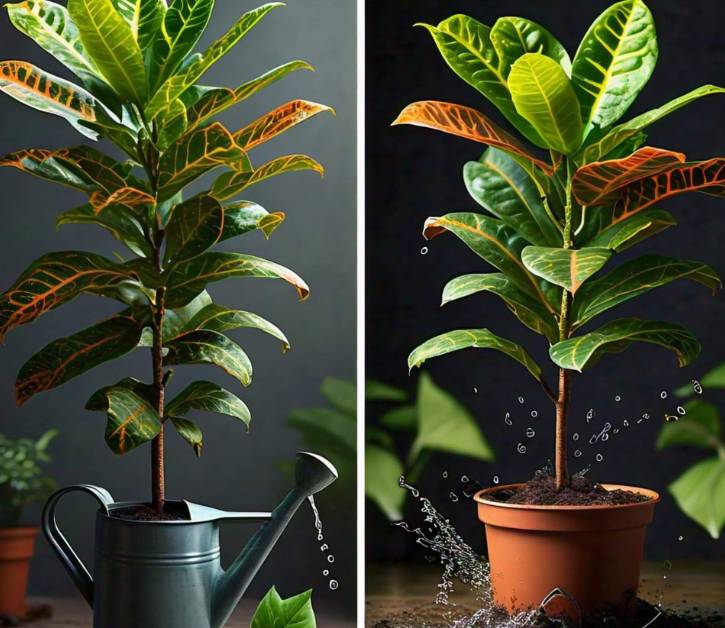 Croton Mammy plant being watered, showing healthy green and orange leaves, illustrating proper care for optimal growth.