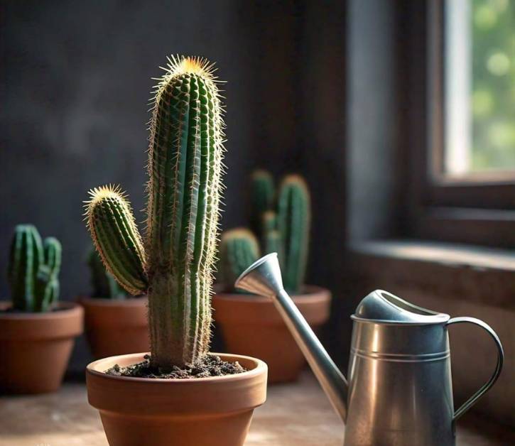 Watering cactus in a pot after repotting, with a metal watering can, ensuring soil dries out completely between waterings.