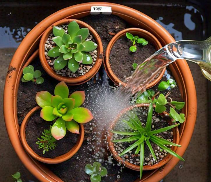 Watering stacked flower pots with succulents. Demonstrates proper watering technique for healthy plant growth in DIY stacked flower pots.