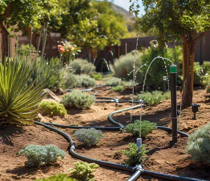 Smart irrigation system in a drought tolerant yard using water-saving techniques to efficiently hydrate succulents and native plants.