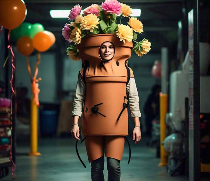 Person wearing a creative flower pot costume with colorful flowers, showcasing tips for wearing and maintaining flower pot costumes.